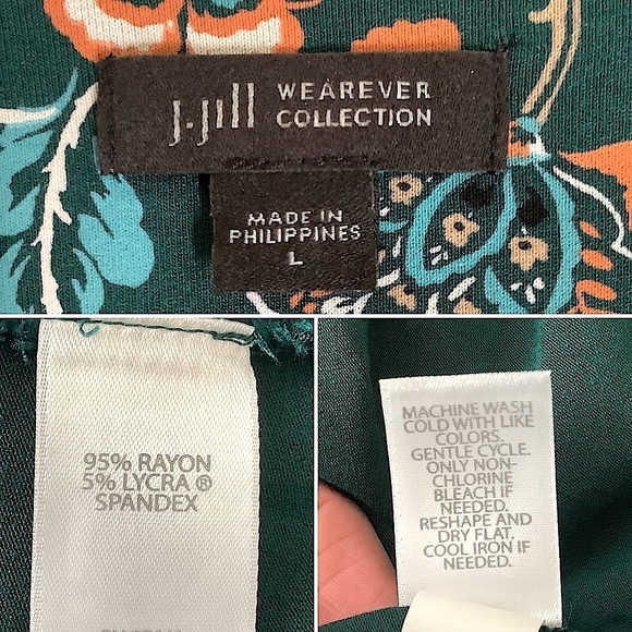 J JILL Wearever Jersey Knit Tunic Dark Green Floral Top 3/4 Sleeve Travel Work L - Picture 10 of 16